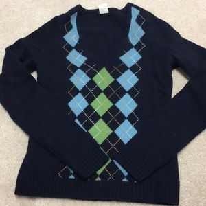 JCrew argyle wool sweater navy blue V neck